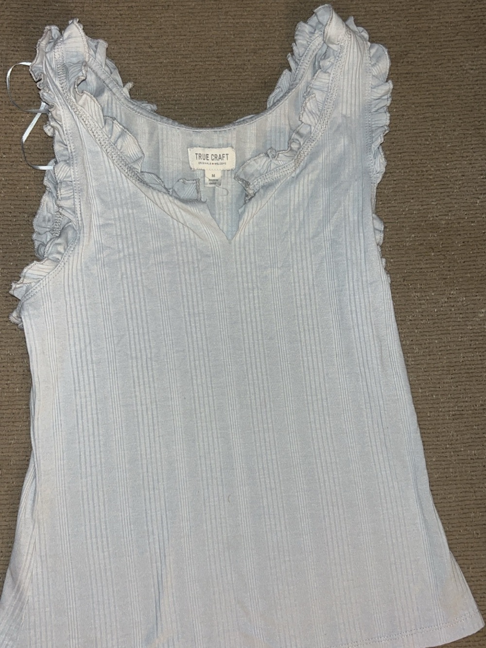 True Craft Pale Blue Ruffle-Trim Ribbed Tank